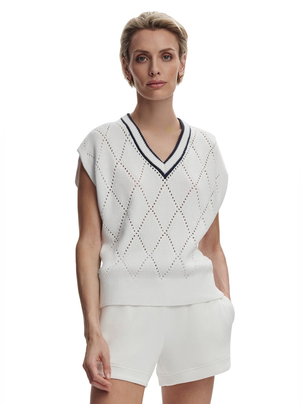 Varley Beaton Diamond Knit Sweater Vest Top White Blue Tennis Core Preppy small